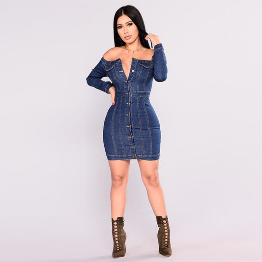 Women's Sexy Off Shoulder Denim Front Button Mini Dress
