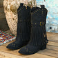 Women's Retro Tassel Boots With Rivet Strap Buckle Mid-calf Western Boots