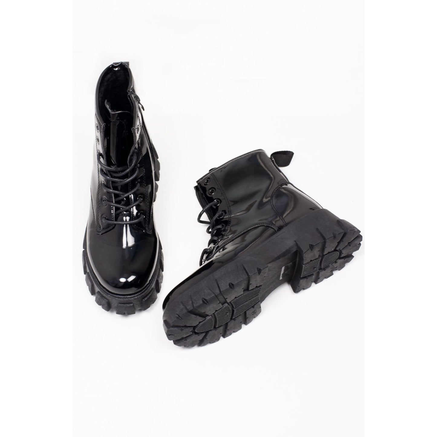 Tween's Lace Up Chunky Patent Ankle Boots in Black