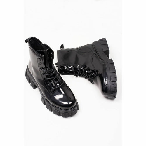 Tween's Lace Up Chunky Patent Ankle Boots in Black