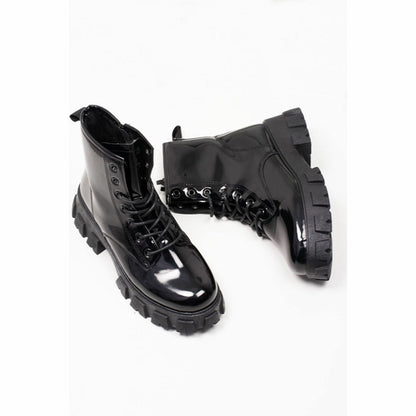 Tween's Lace Up Chunky Patent Ankle Boots in Black