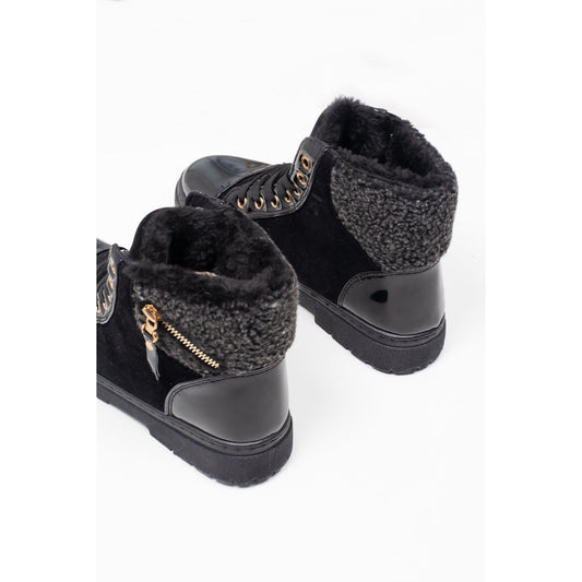 Girl's Black Lace Up Borg Fur Boots