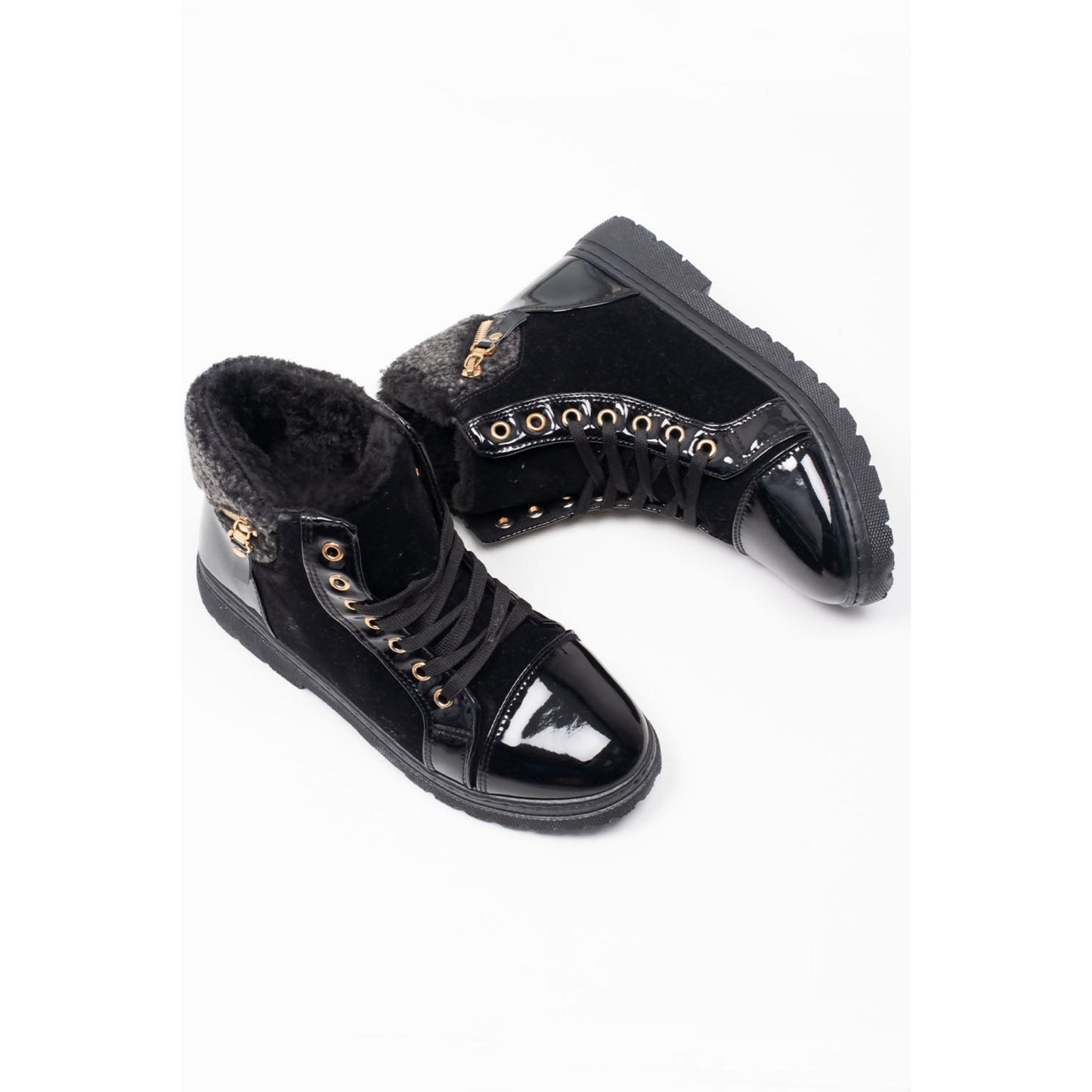 Girl's Black Lace Up Borg Fur Boots