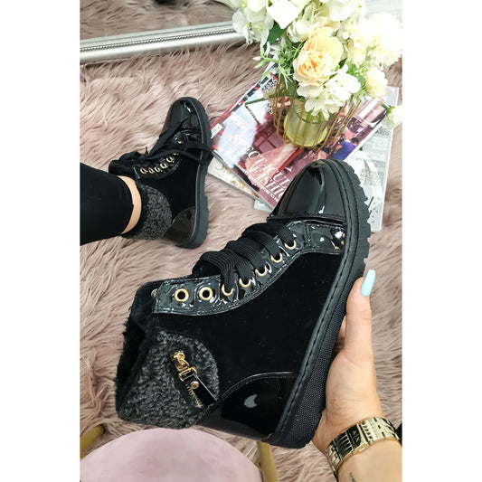 Girl's Black Lace Up Borg Fur Boots