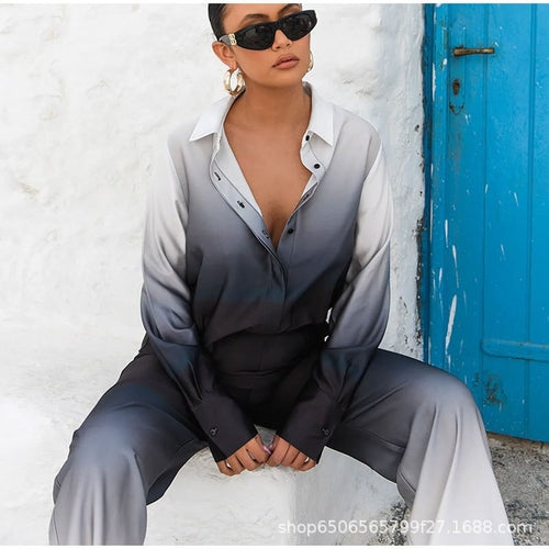Women's Satin Casual Loose Gradient Blouse 2 Pcs Set