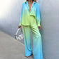 Women's Satin Casual Loose Gradient Blouse 2 Pcs Set