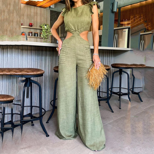 Women's Hollow Out Open Waist Wide Legs Loose Long Pants Jumpsuit