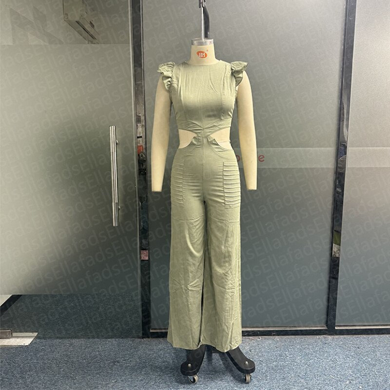 Women's Hollow Out Open Waist Wide Legs Loose Long Pants Jumpsuit