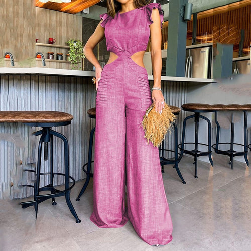 Women's Hollow Out Open Waist Wide Legs Loose Long Pants Jumpsuit