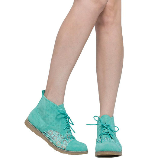 SOBEYO Women's Booties Embroidered Flower Lace Up Oxford Green