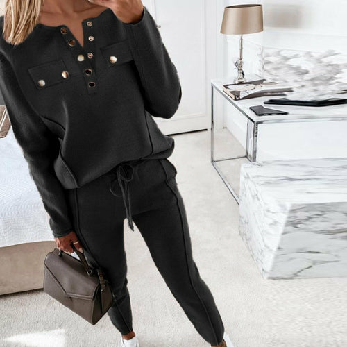 Women's Loose Outfits Long Sleeve Metal Button Tops+Drawstring Pants Set