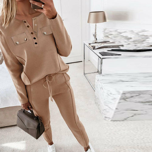 Women's Loose Outfits Long Sleeve Metal Button Tops+Drawstring Pants Set