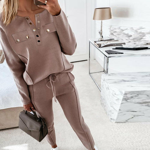 Women's Loose Outfits Long Sleeve Metal Button Tops+Drawstring Pants Set
