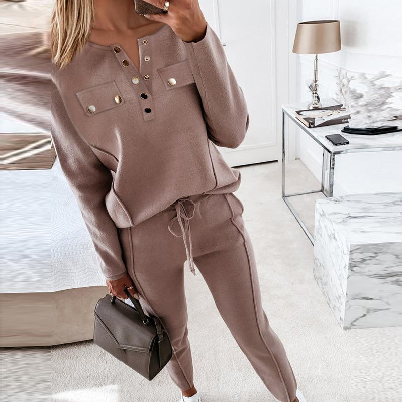 Women's Loose Outfits Long Sleeve Metal Button Tops+Drawstring Pants Set
