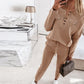 Women's Loose Outfits Long Sleeve Metal Button Tops+Drawstring Pants Set