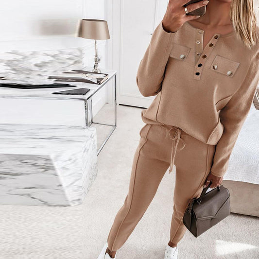 Women's Loose Outfits Long Sleeve Metal Button Tops+Drawstring Pants Set