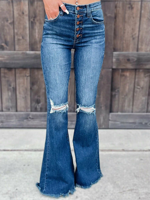Distressed Washed Cut Pants Blue Skinny Long Ripped Jeans