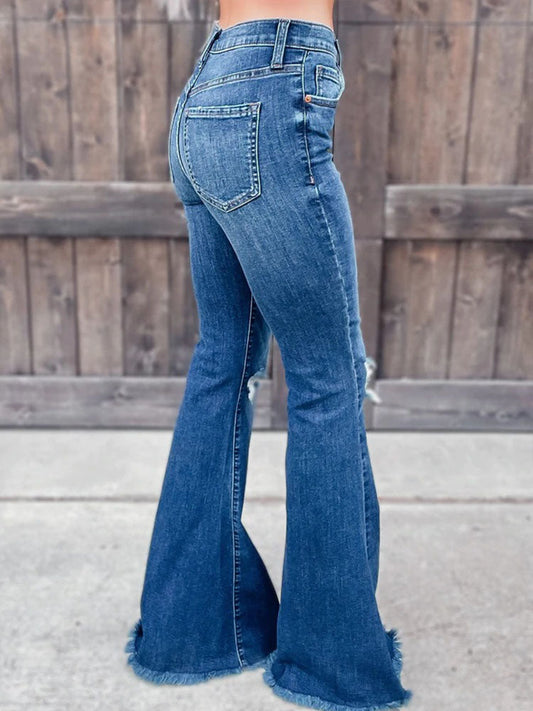 Distressed Washed Cut Pants Blue Skinny Long Ripped Jeans