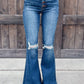Distressed Washed Cut Pants Blue Skinny Long Ripped Jeans