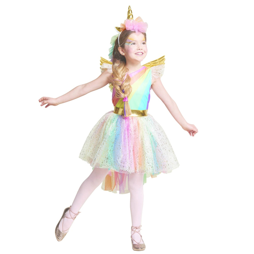 Girls' Dress Rainbow Unicorn Party With Headband
