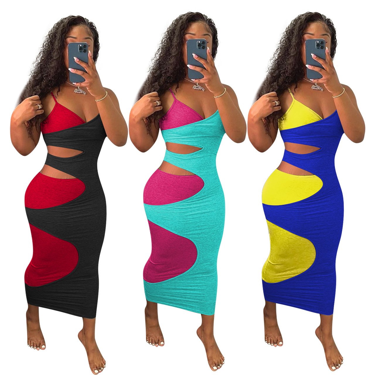 Women's Sexy Cut Out Sleeveless Strap V-neck Stretchy Bodycon Dress