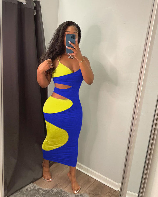 Women's Sexy Cut Out Sleeveless Strap V-neck Stretchy Bodycon Dress