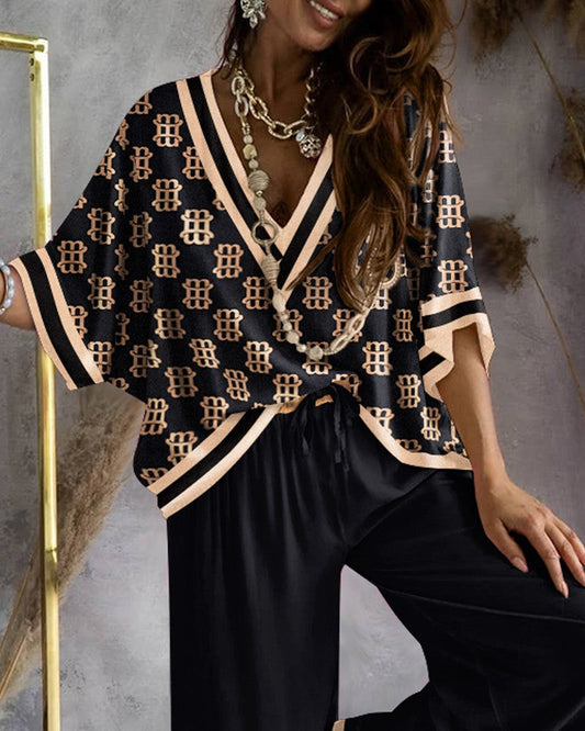 Women's Printed Batwing Sleeve Casual Top and Wide Leg Pants Set