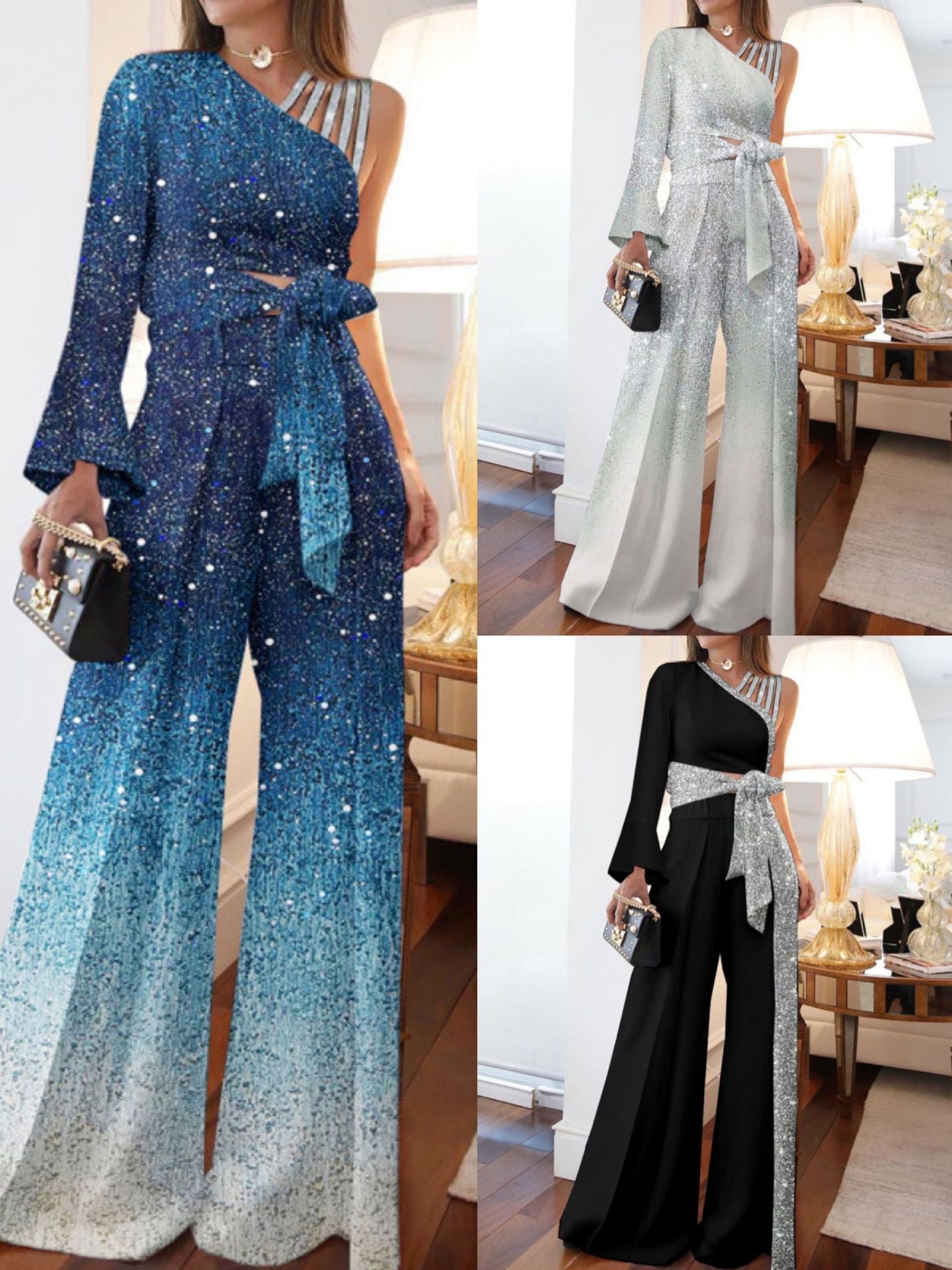 Women's Off-Shoulder Casual High-Waisted Plus Size Wide-Leg Pants