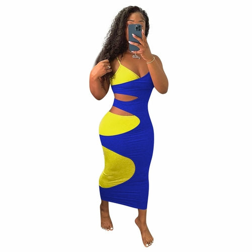 Women's Sexy Cut Out Sleeveless Strap V-neck Stretchy Bodycon Dress