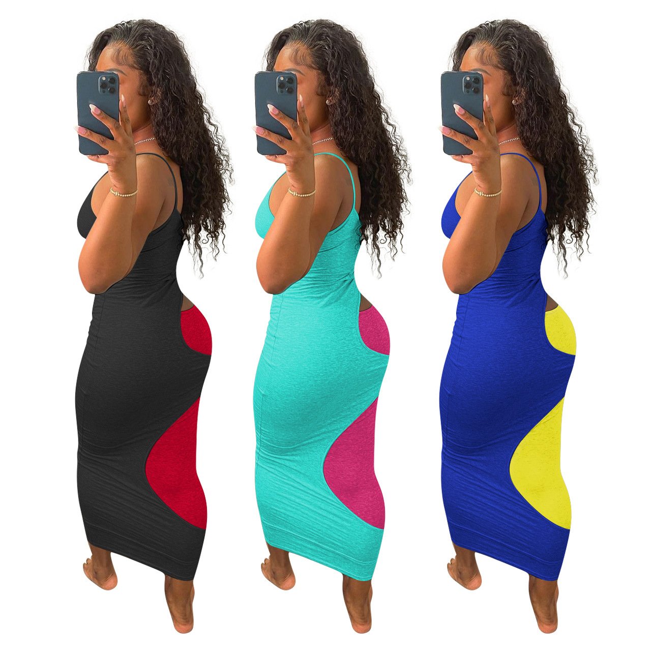 Women's Sexy Cut Out Sleeveless Strap V-neck Stretchy Bodycon Dress