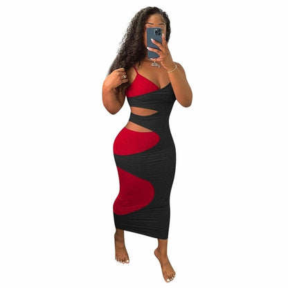 Women's Sexy Cut Out Sleeveless Strap V-neck Stretchy Bodycon Dress