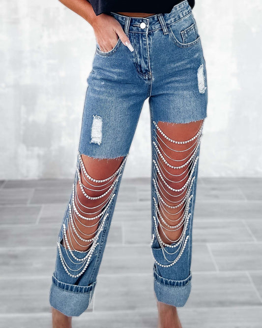 Women's Ripped Jeans Chain Hanging Ornament