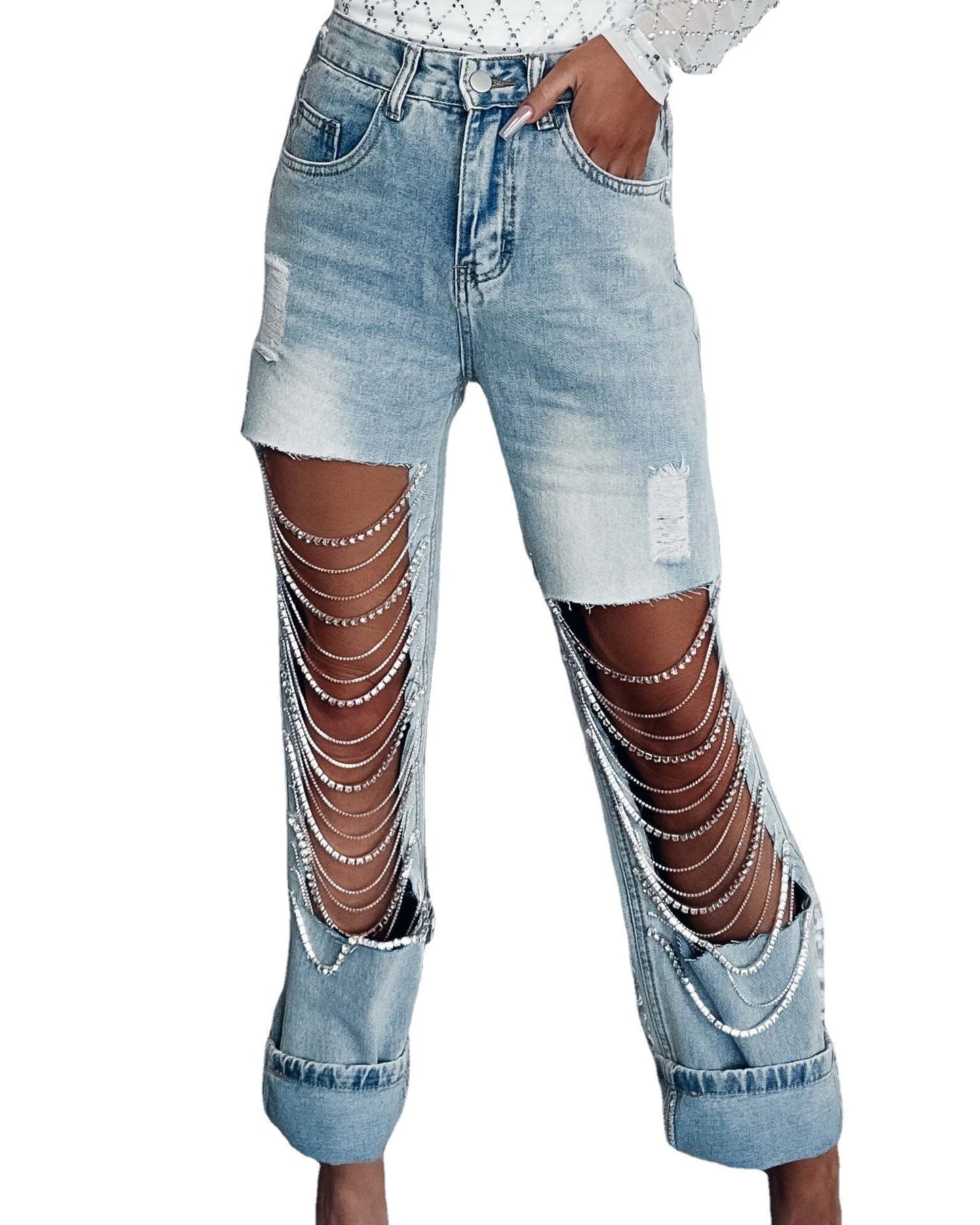 Women's Ripped Jeans Chain Hanging Ornament