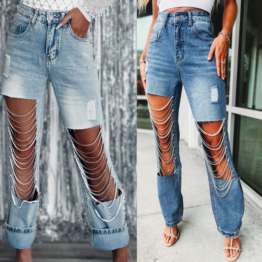 Women's Ripped Jeans Chain Hanging Ornament