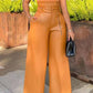 Women's Vegan Leather Pocket Zipper Belted High Waist Pants