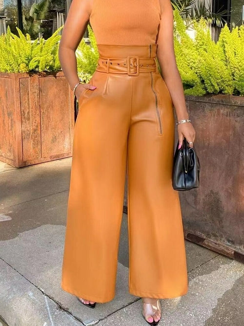 Women's Vegan Leather Pocket Zipper Belted High Waist Pants