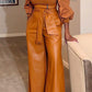 Women's Vegan Leather Pocket Zipper Belted High Waist Pants