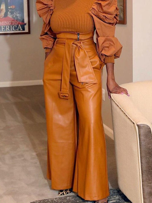Women's Vegan Leather Pocket Zipper Belted High Waist Pants