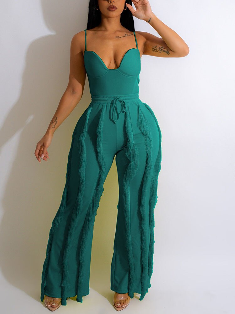 Women's Spaghetti Strap Tassels Fringed Slim Jumpsuit