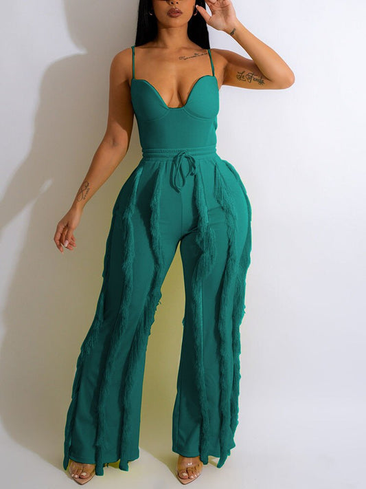 Women's Spaghetti Strap Tassels Fringed Slim Jumpsuit