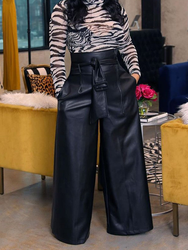 Women's Vegan Leather Pocket Zipper Belted High Waist Pants