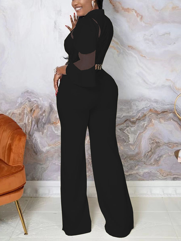 Women's Mesh Insert Wide Leg Elegant Jumpsuits