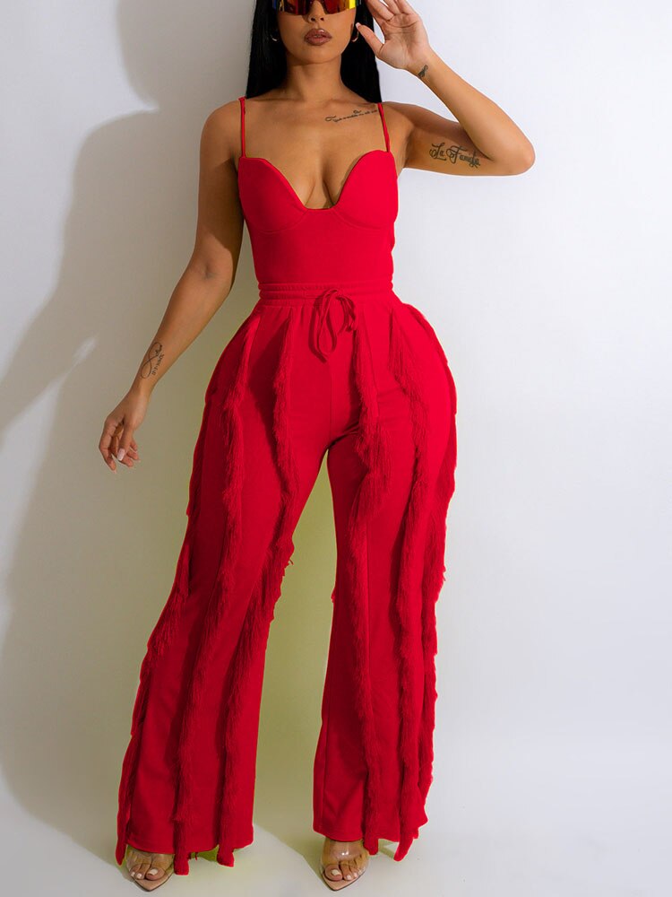 Women's Spaghetti Strap Tassels Fringed Slim Jumpsuit