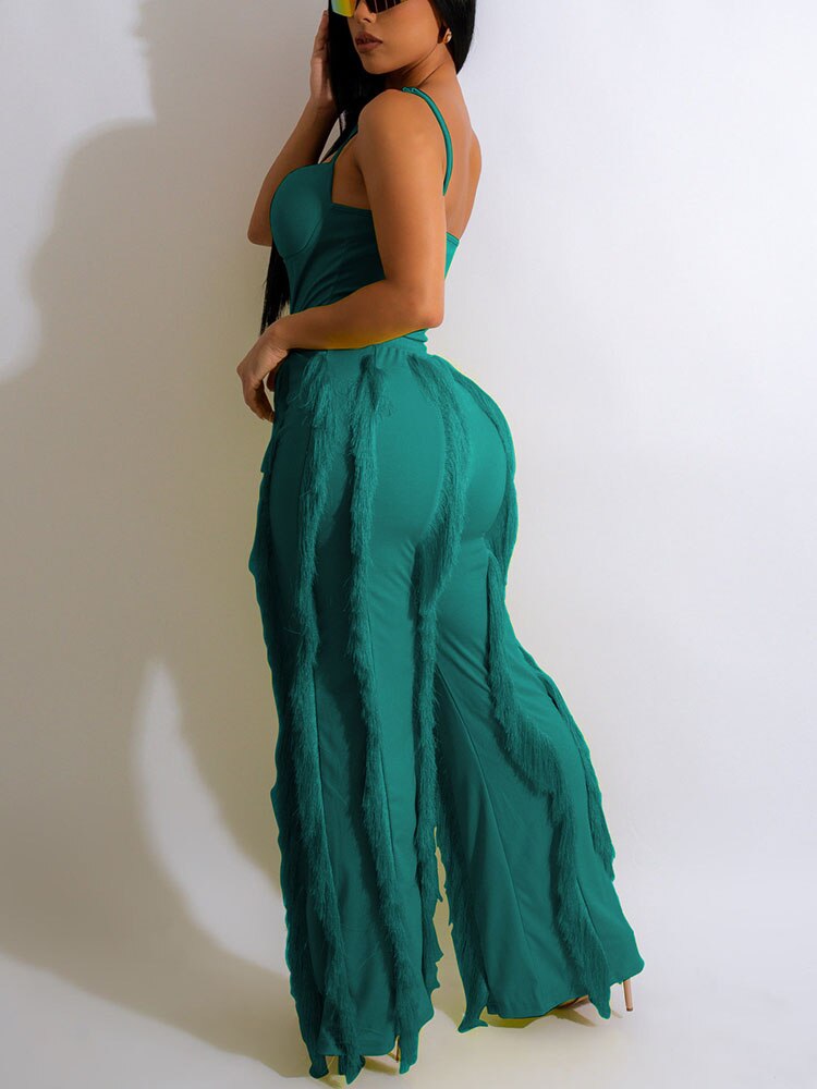 Women's Spaghetti Strap Tassels Fringed Slim Jumpsuit