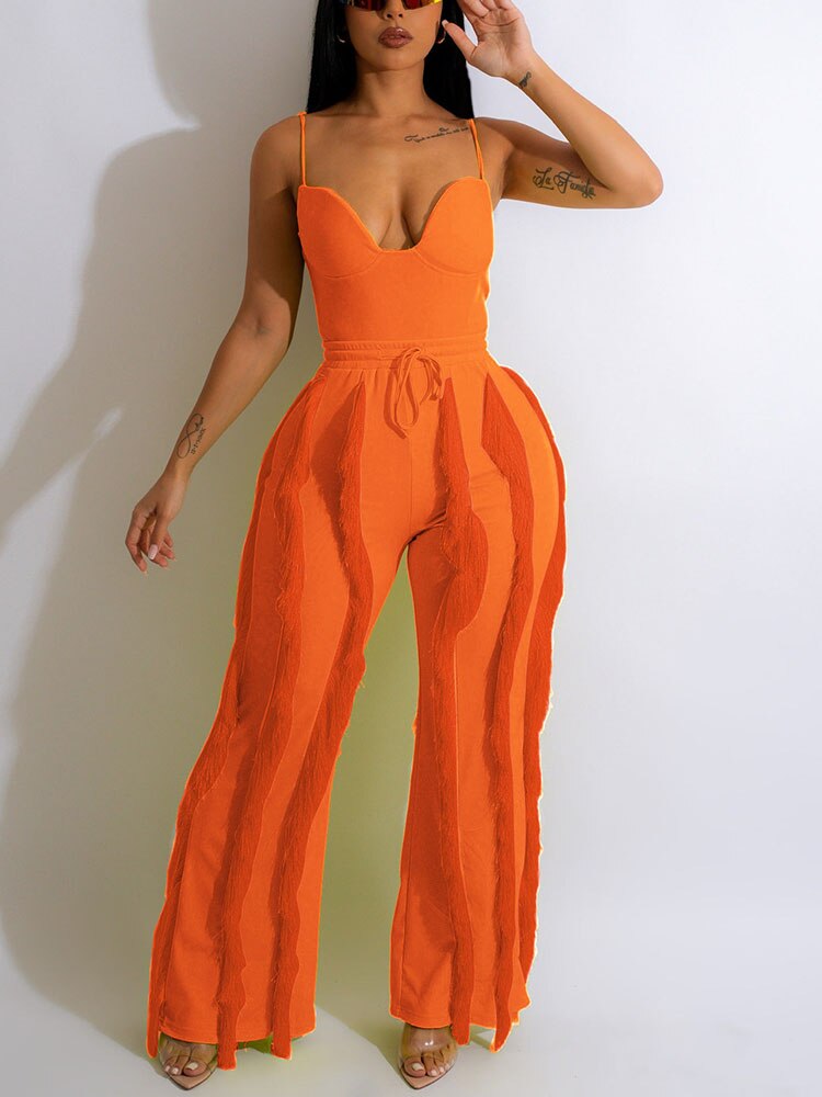 Women's Spaghetti Strap Tassels Fringed Slim Jumpsuit