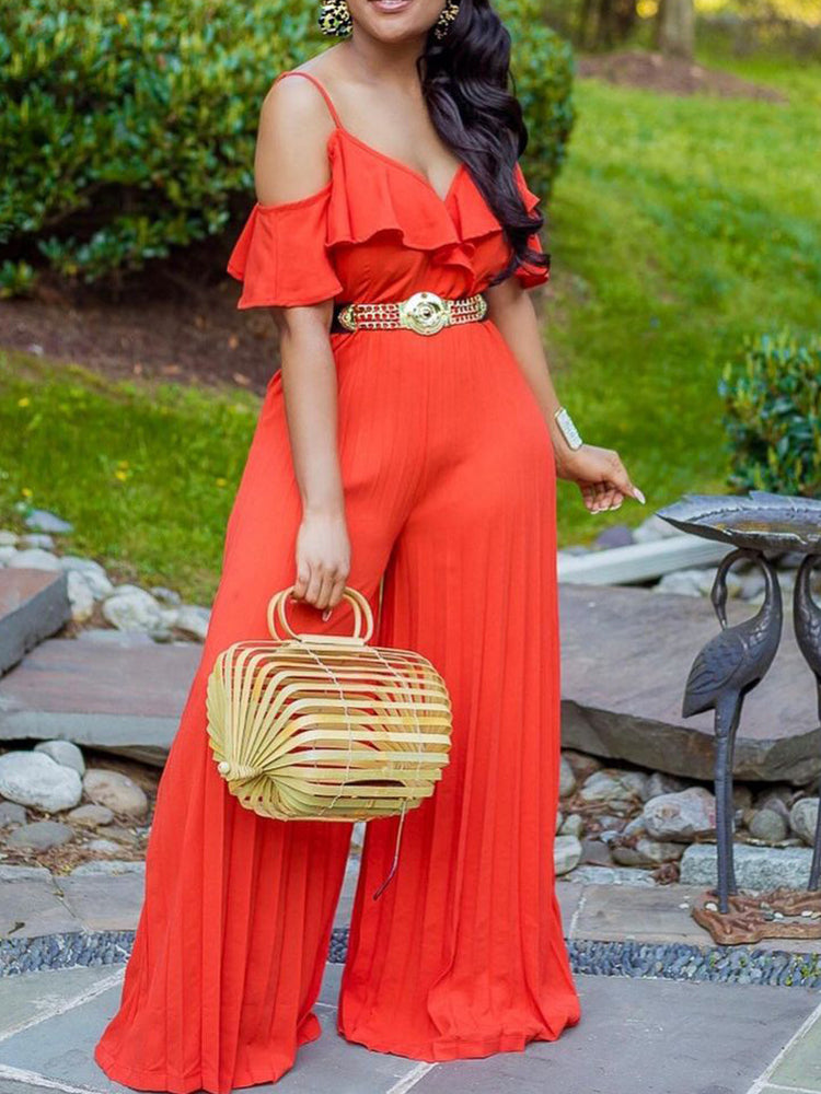 Women's Short Sleeve Off Shoulder Jumpsuit Summer Chic Wide Leg, No Belt