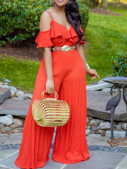 Women's Short Sleeve Off Shoulder Jumpsuit Summer Chic Wide Leg, No Belt