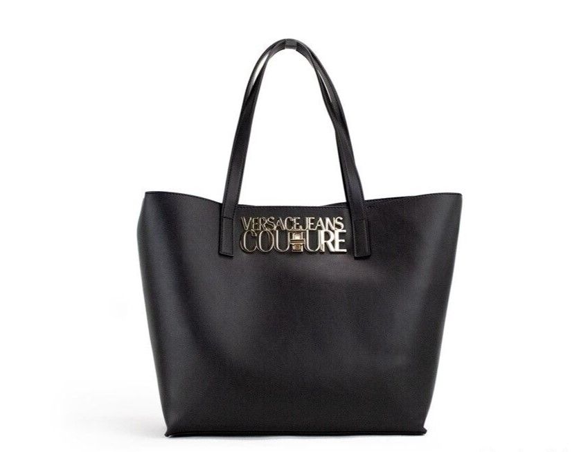 Versace Jeans Couture Black Grained Faux Leather Logo Lock Tote