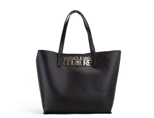 Versace Jeans Couture Black Grained Faux Leather Logo Lock Tote