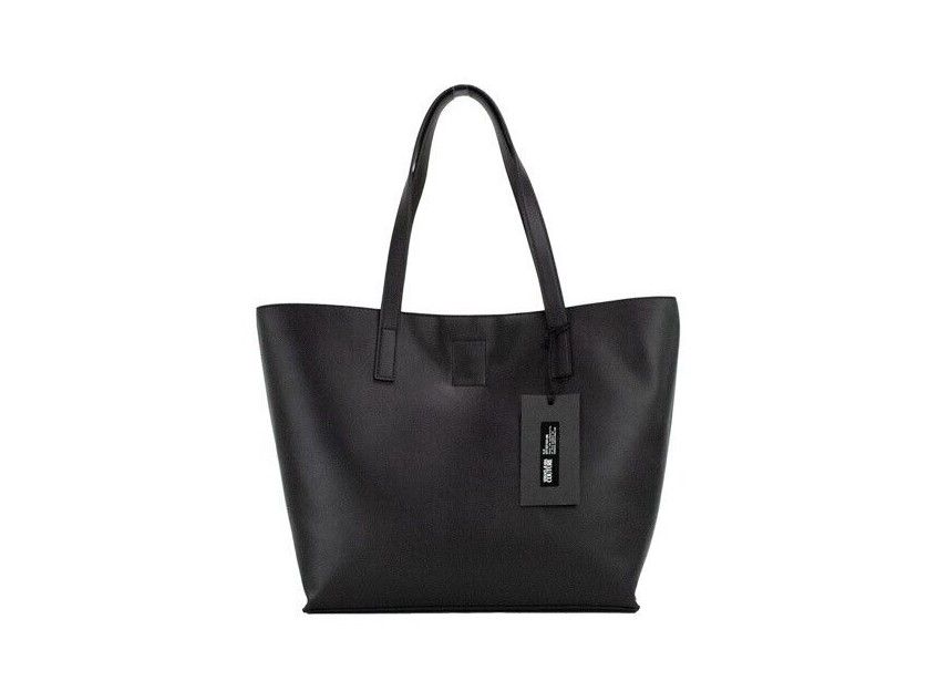 Versace Jeans Couture Black Grained Faux Leather Logo Lock Tote
